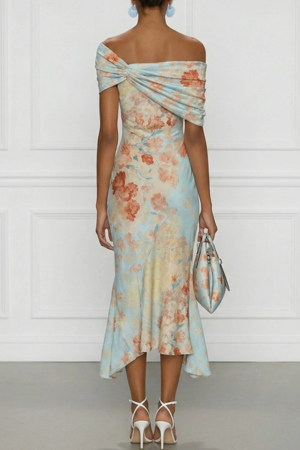 Damen Mermaid Midi Kleid mit One Shoulder und Blumenprint