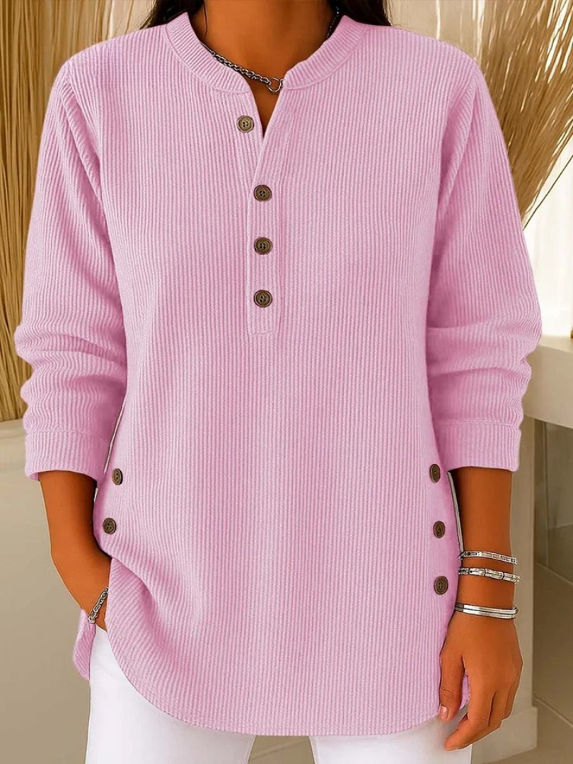 Eshani - Lässiges Geripptes Langarm Henley Oberteil Mit Knopfleiste