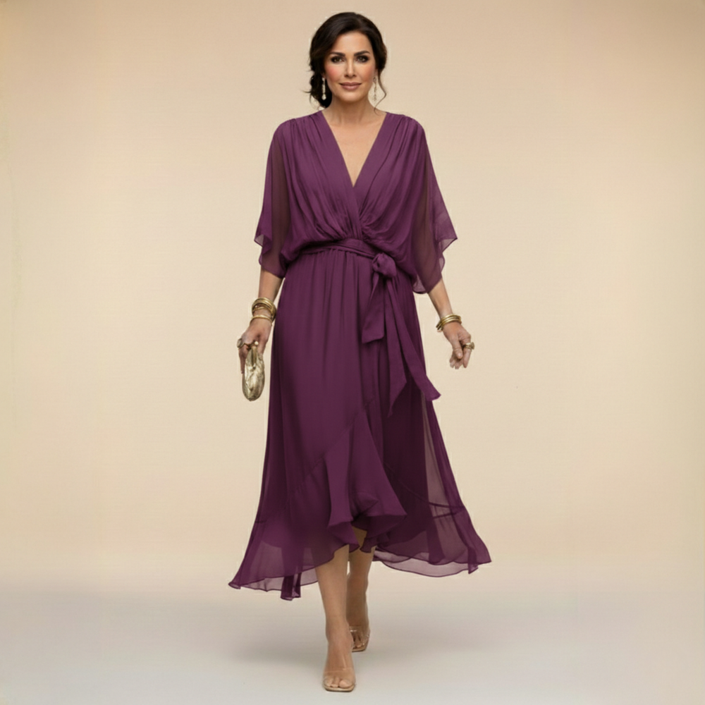Cindy | Damen Chiffonkleid V-Ausschnitt – Chiffon Kleid V-Neck Elegant 2026