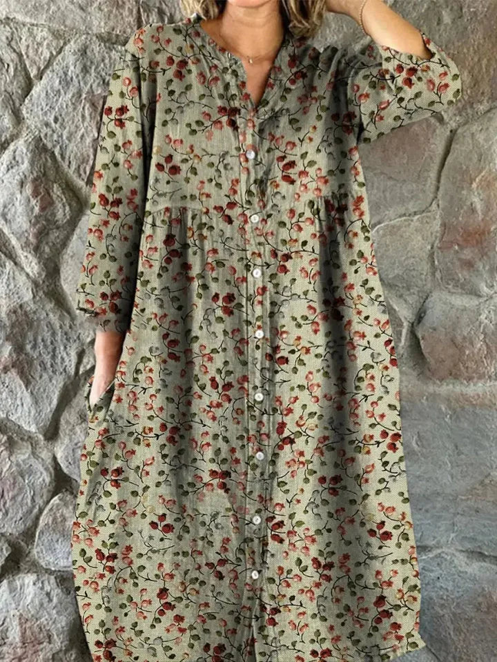 Damen Vintage Floral Shirt Kleid mit Taschen