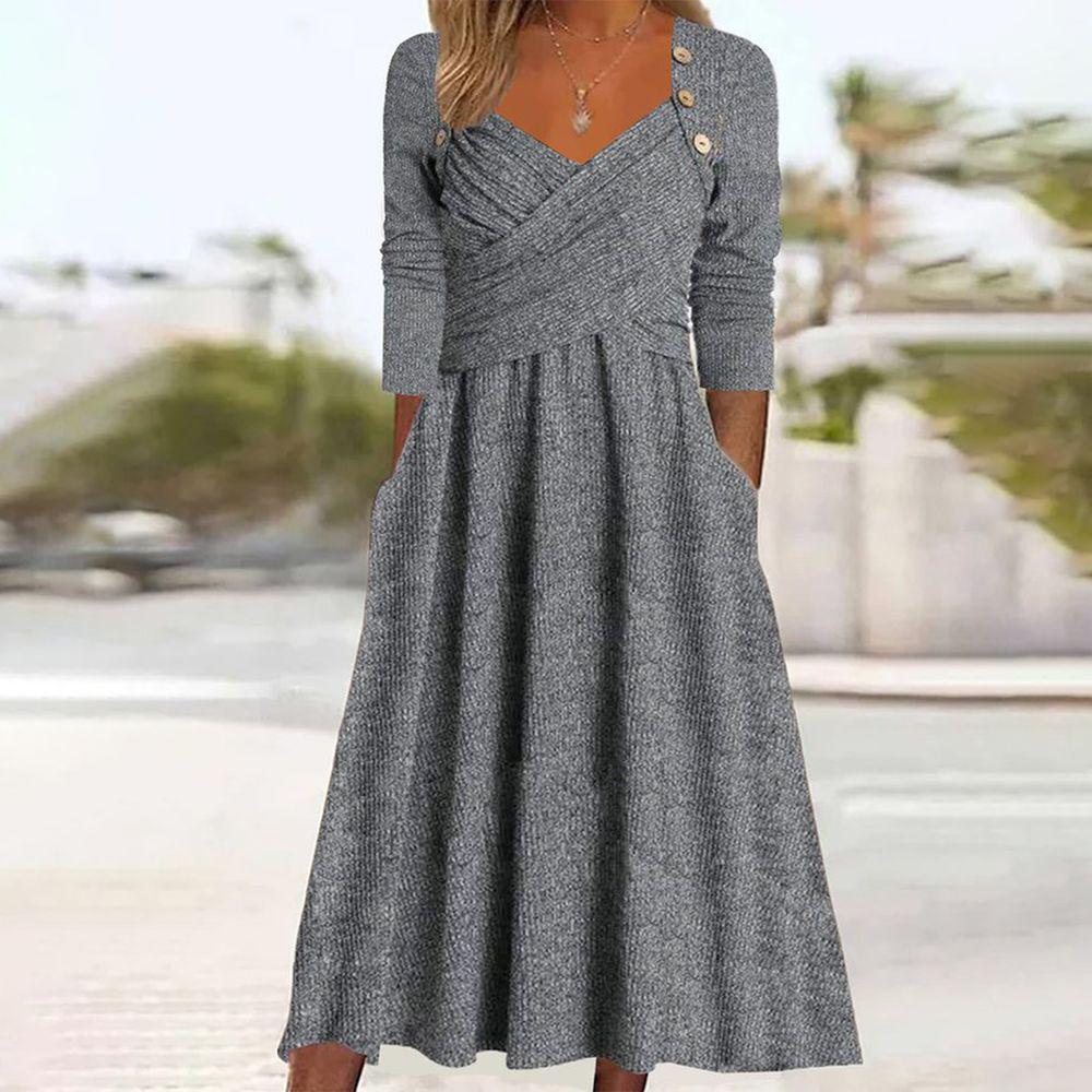 Venala | Graues Einfarbiges Midikleid Mit Seitentaschen