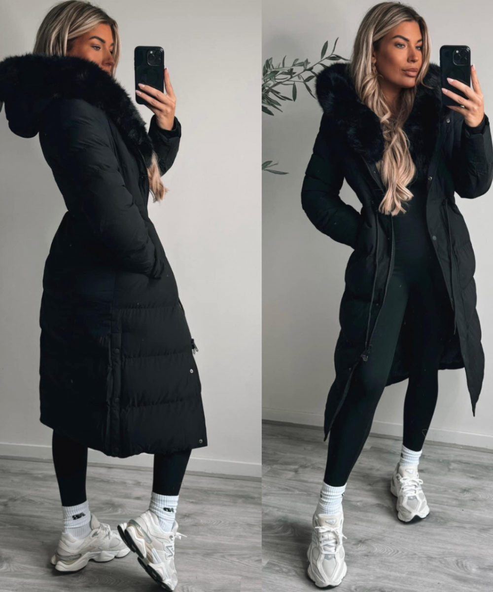 Damen Wintermantel | Lange Steppjacke | Warm Gefüttert | Kapuze mit Imitationsfell