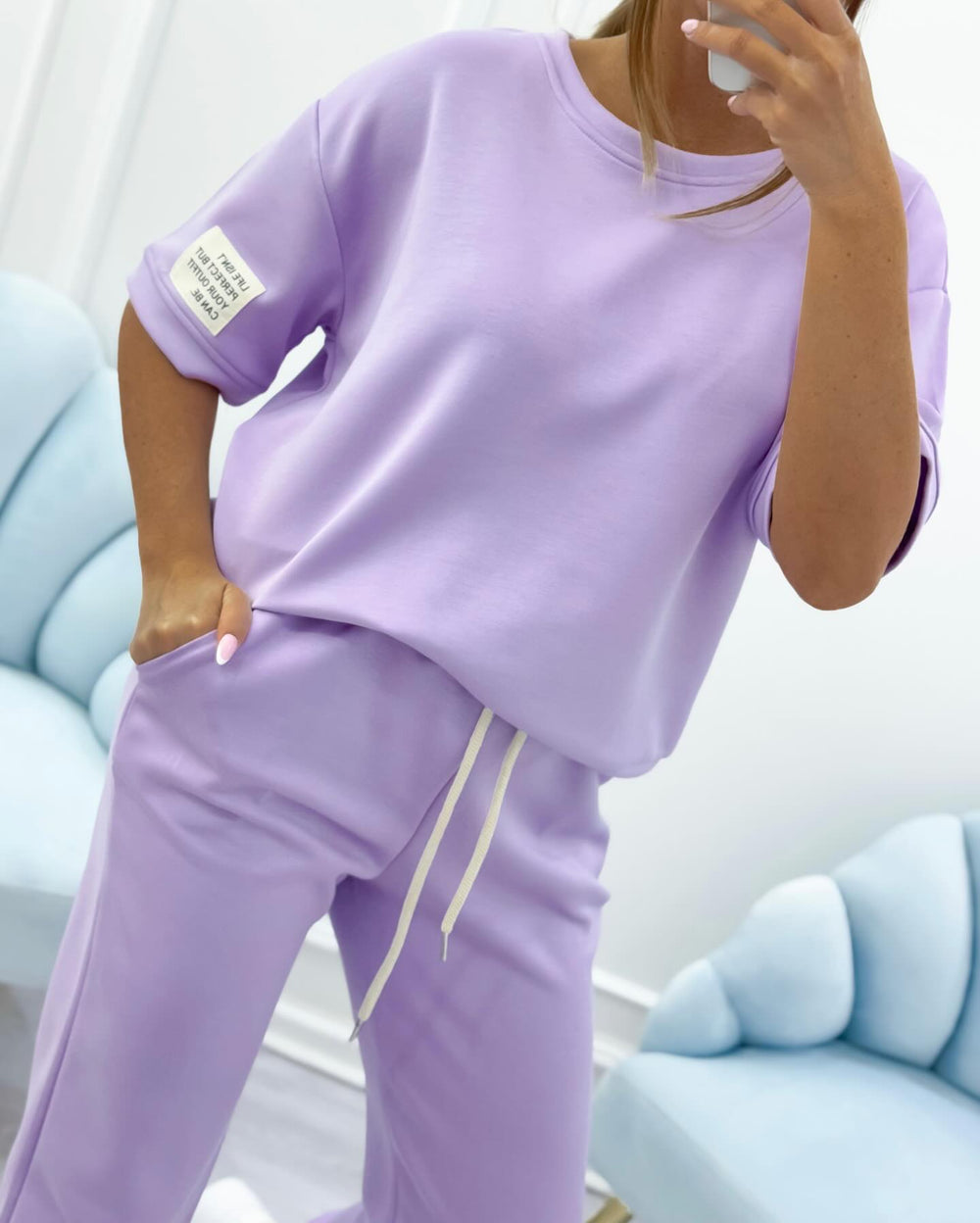 Damen Relaxed Outfit: Set aus solidem Oberteil und Hose