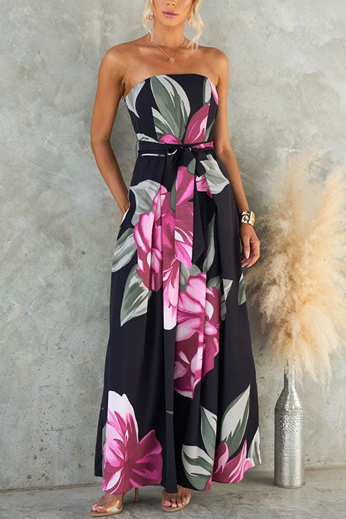 Damen Blumenprint Jumpsuit mit weitem Bein trägerlos und Taillenbund