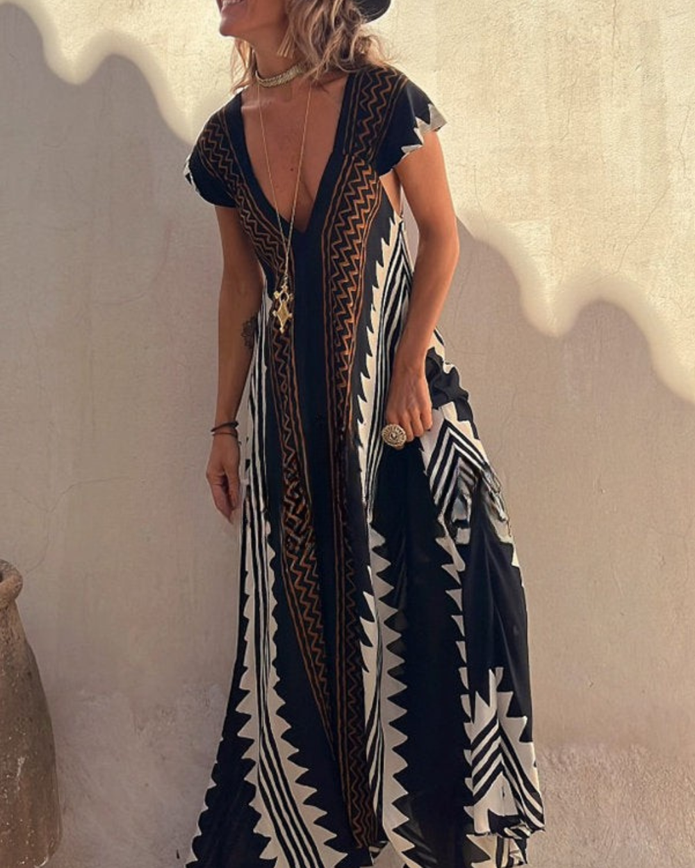Damen-Maxikleid in A-Linie mit Ethno-Print