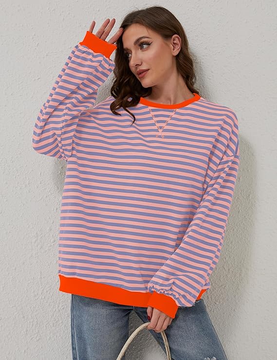 Helen Gestreifter Oversize Pullover mit Küstenflair | Orange / Blau