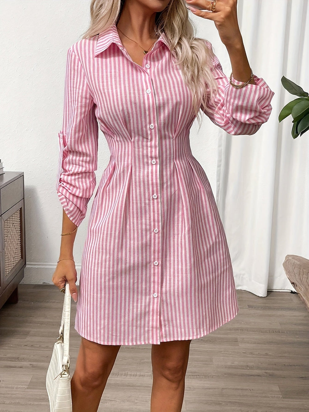 Damen gestreiftes Hemdblusenkleid mit Knopfleiste