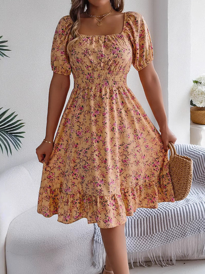 Blumenprint Kleid mit quadratischem Ausschnitt Rüschen und hoher Taille
