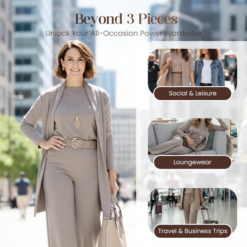 Schickes 3-teiliges Ensemble: Langer Cardigan, Top und Hose