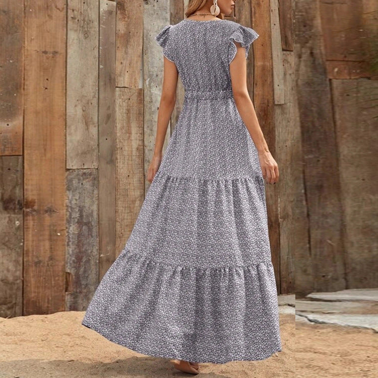 Bohemien Kleid mit V Ausschnitt und Blumenprint kurze Ärmel