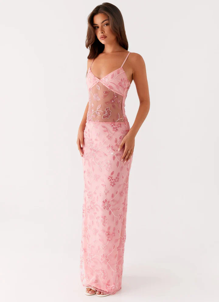 Lila | Transparentes Blumen-Maxikleid