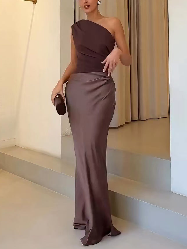 Maxikleid Damen | One-Shoulder-Design & Figurbetonter Satin-Schnitt
