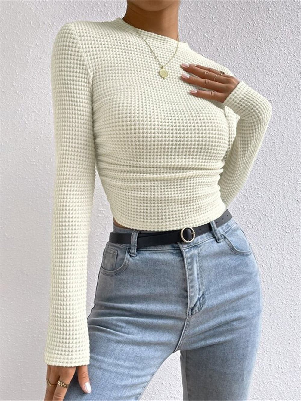 Jana | Damen Langarm Crop-Top Aus Waffelstrick