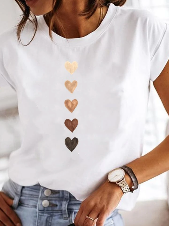 Leonora | Damen Herz Print T-Shirt Rundhals Kurzarm
