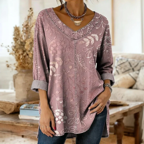 Olivija – Jeans Bluse Mit Blumen Muster