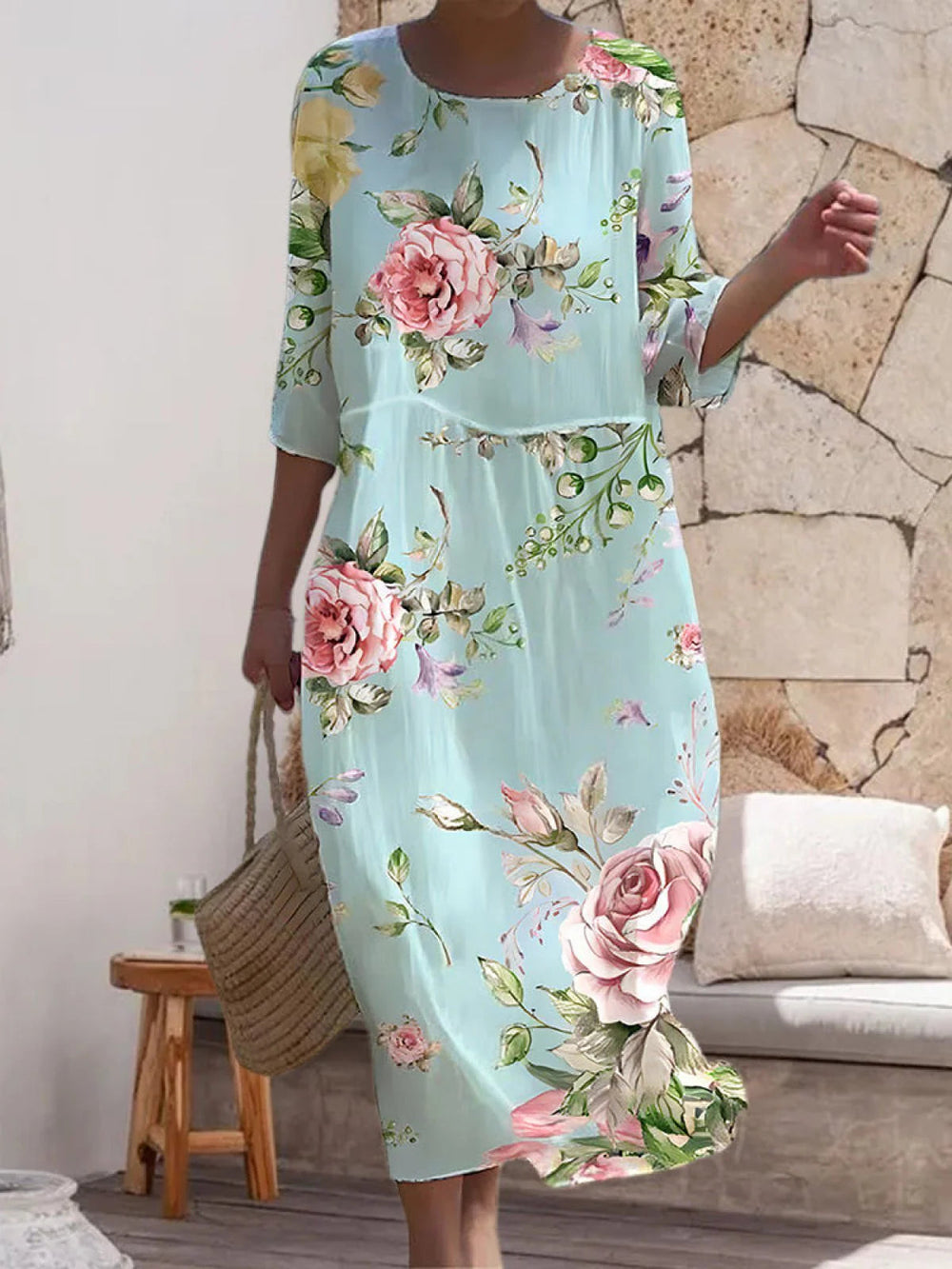 Blumenkleid Damen | Fließendes Midi mit Rosenprint & 3/4-Ärmeln