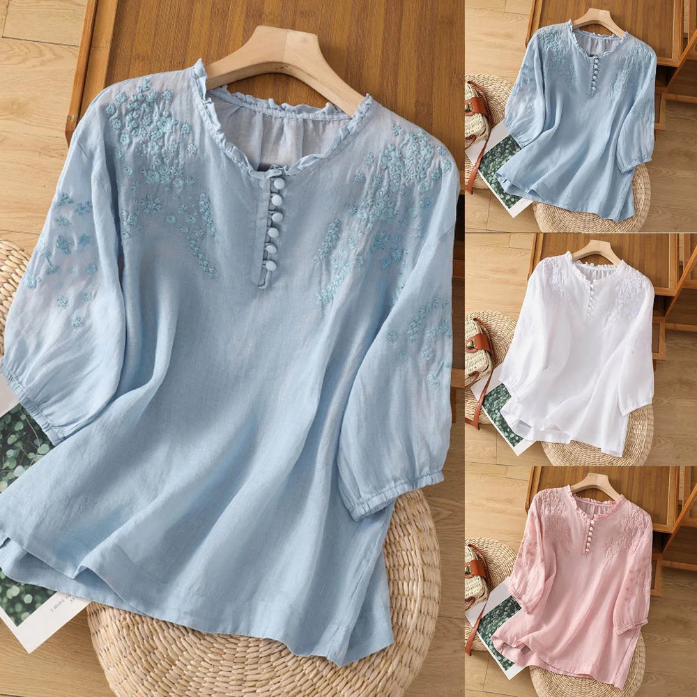 Blumenmuster Rüschenbesatz Bluse Damen | Zierknöpfe & Luftiger Wohlfühl-Sitz
