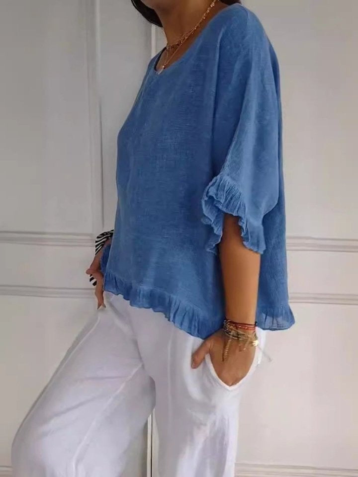 Bluse Damen | Casual Elegant mit Rüschensaum & Rundhals