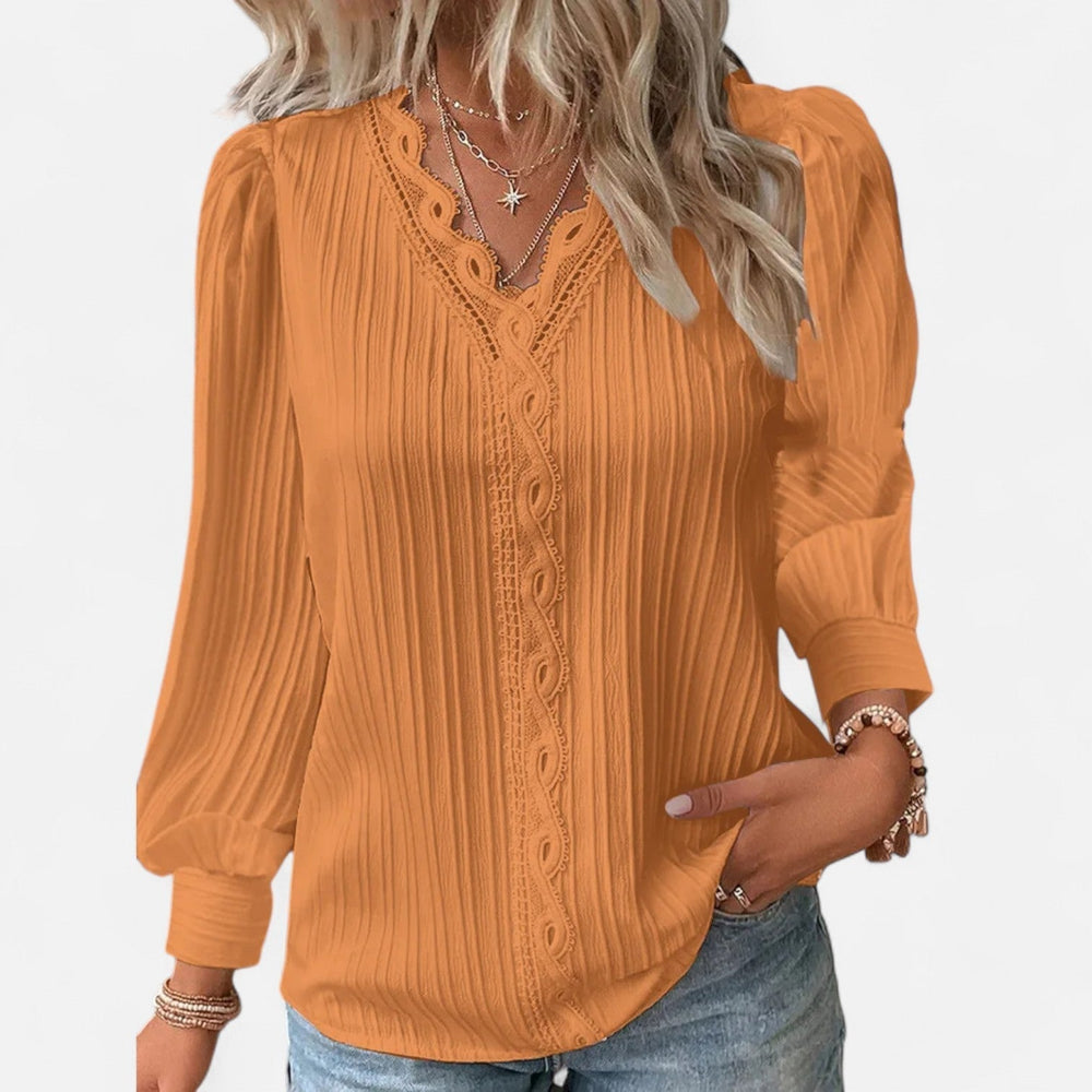 Bluse Damen | Elegant mit Spitzenbesatz & V-Ausschnitt Langarm