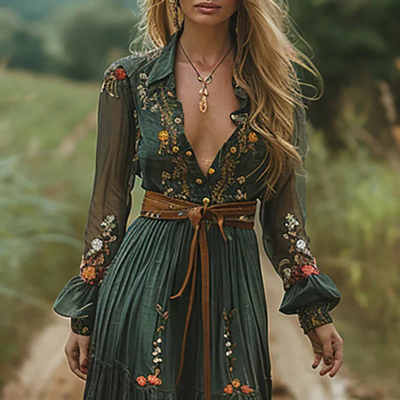 V Ausschnitt Kleid Damen | Blumenstickerei & Romantischer Boho-Maxi-Stil