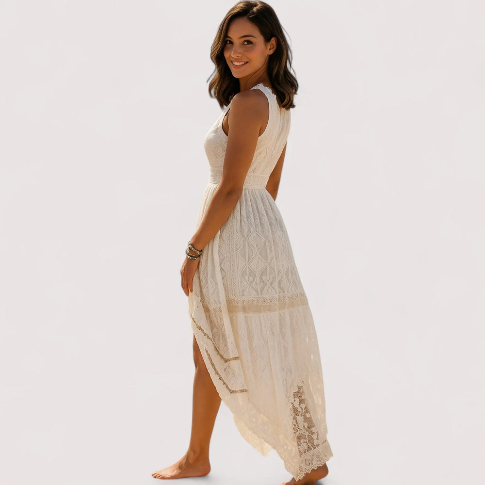 Boho Kleid Damen | Tiefer V-Ausschnitt & Spitzeneinsätze