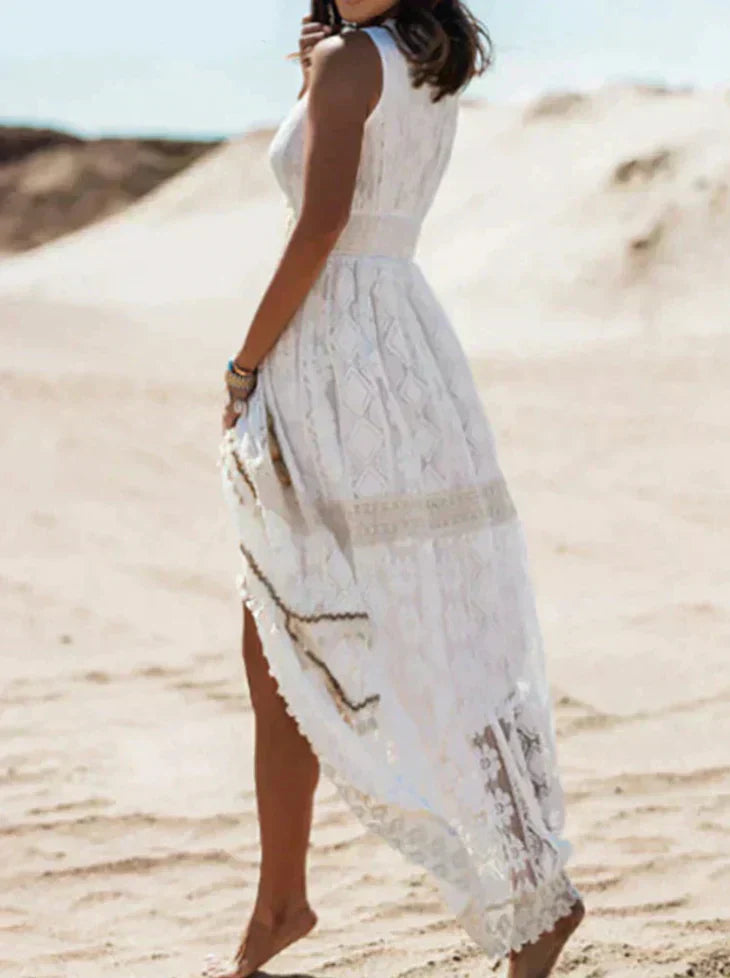 Kantenkleid Damen Boho Midi V-Ausschnitt