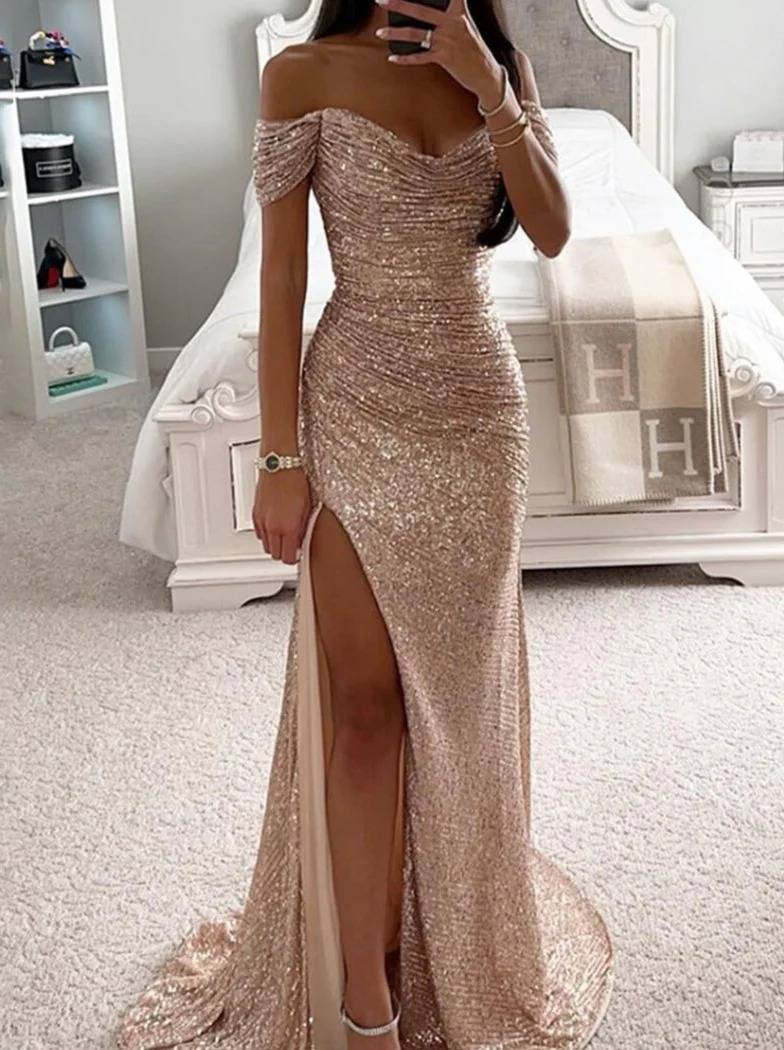 Damen Abendkleid Pailletten Maxi | Schlitz