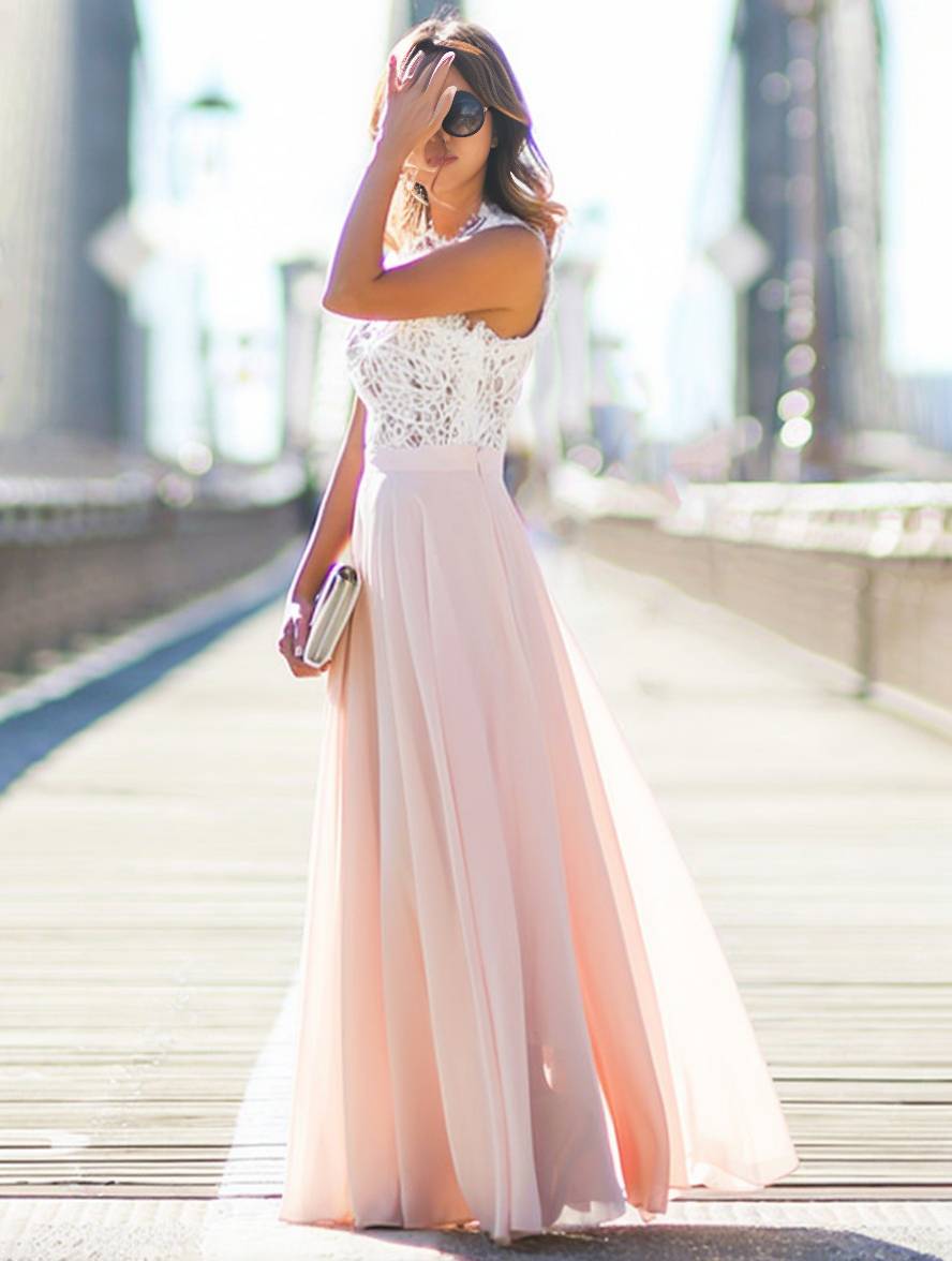 Damen Brautjungfernkleid Chiffon | Maxi Rundhalsausschnitt