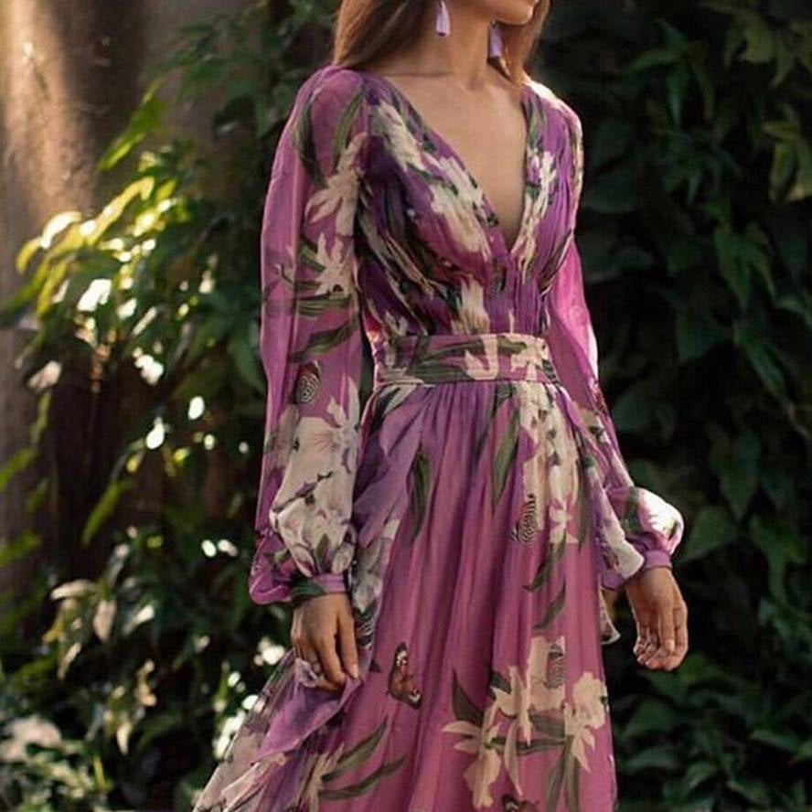 Robe longue femme fleurie col V