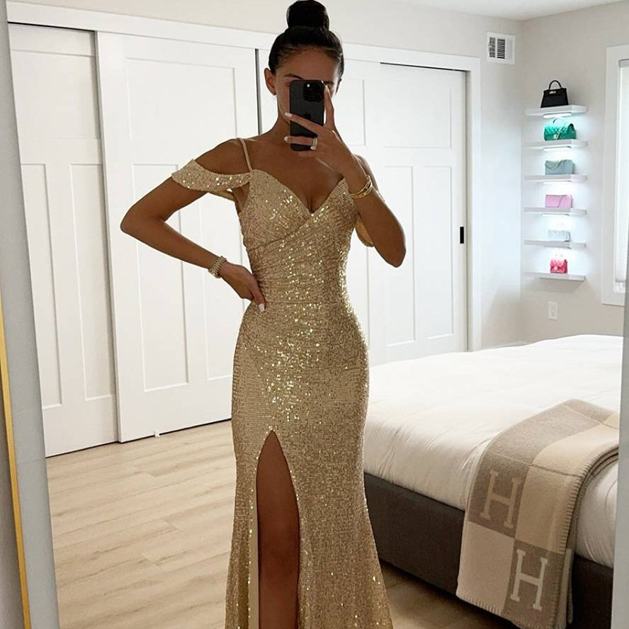 Damen Abendkleid Pailletten | V-Ausschnitt Schlitz