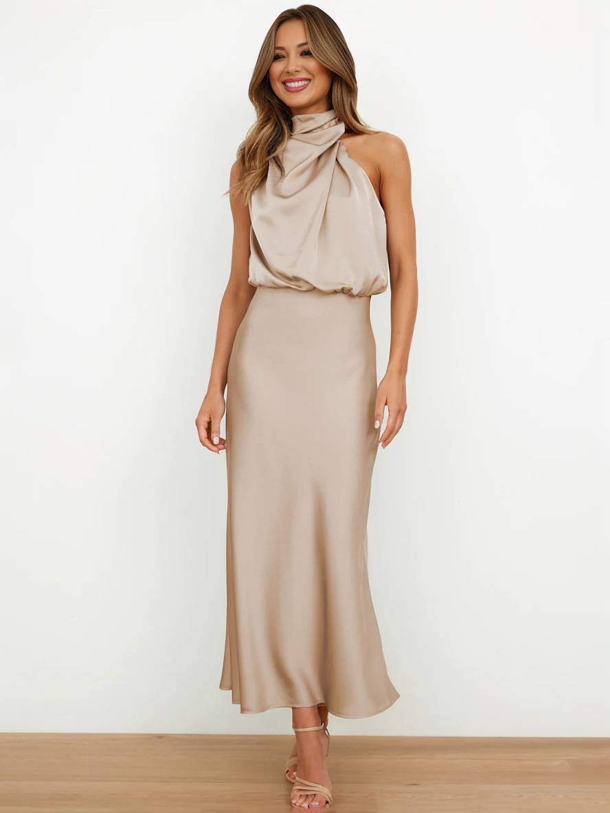 Damen Brautjungfernkleid Satin | Neckholder Maxi