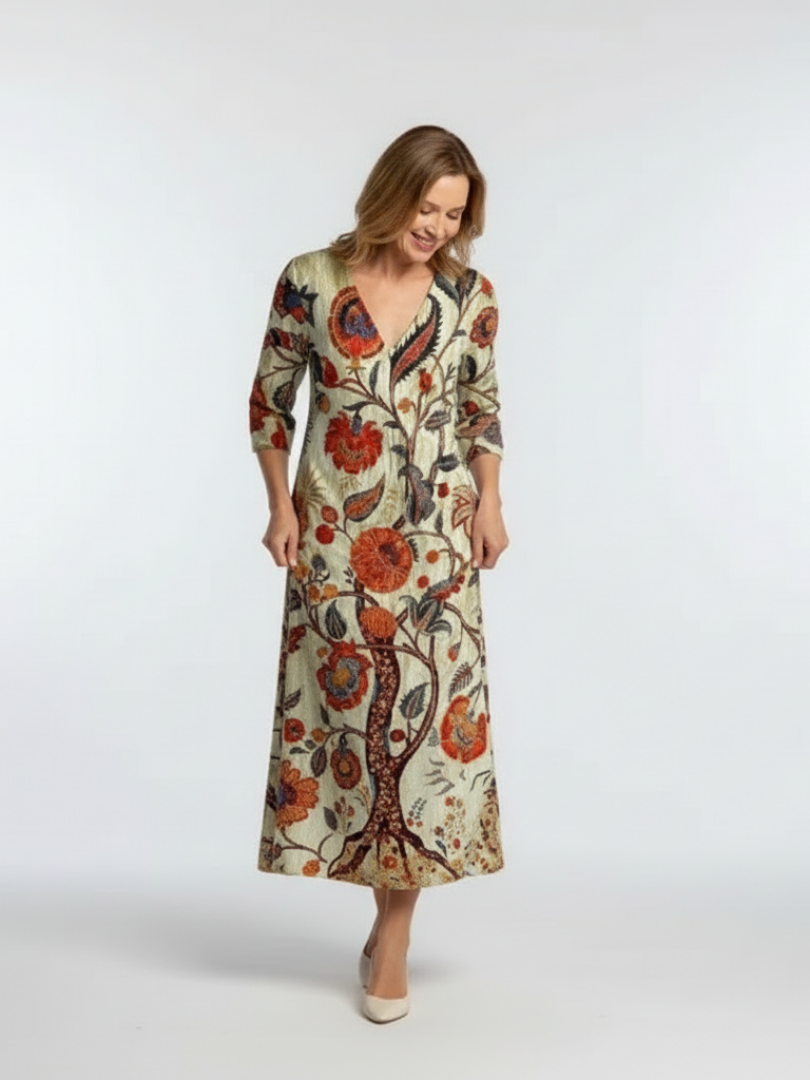 Corisande | V-Ausschnitt Langarm Blumenkleid Midi