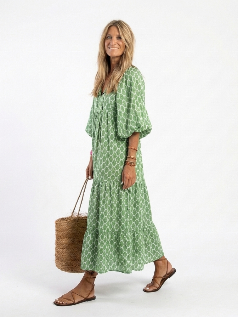 Apolline | Midi-Kleid mit dreiviertel Ärmeln und V-Ausschnitt im Muster