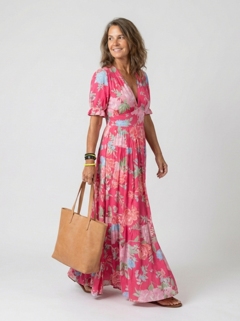 Ione | Kurzes Ärmels V-Ausschnitt Blumen Midi Kleid