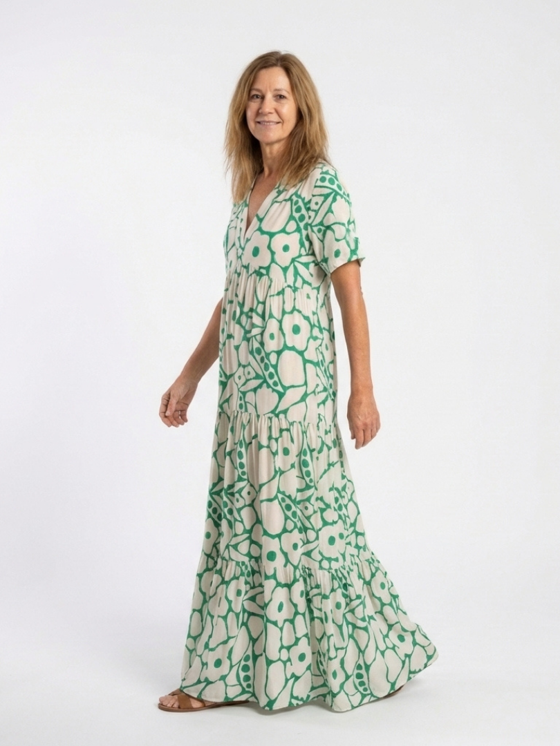 Zuleika | Kurzärmliges V-Ausschnitt Blumen-Midi-Kleid