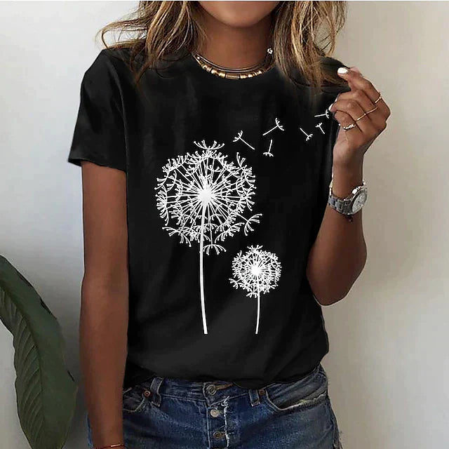 Kurzarm T Shirt Damen | Grafik-Print mit Pusteblumen-Motiv
