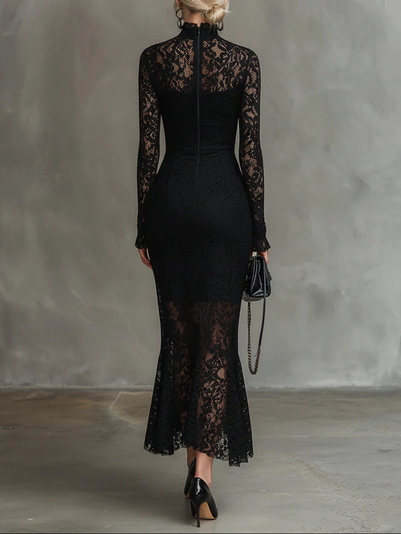 Veronika | Damen Spitzen Maxikleid Schwarz Elegant Feminin