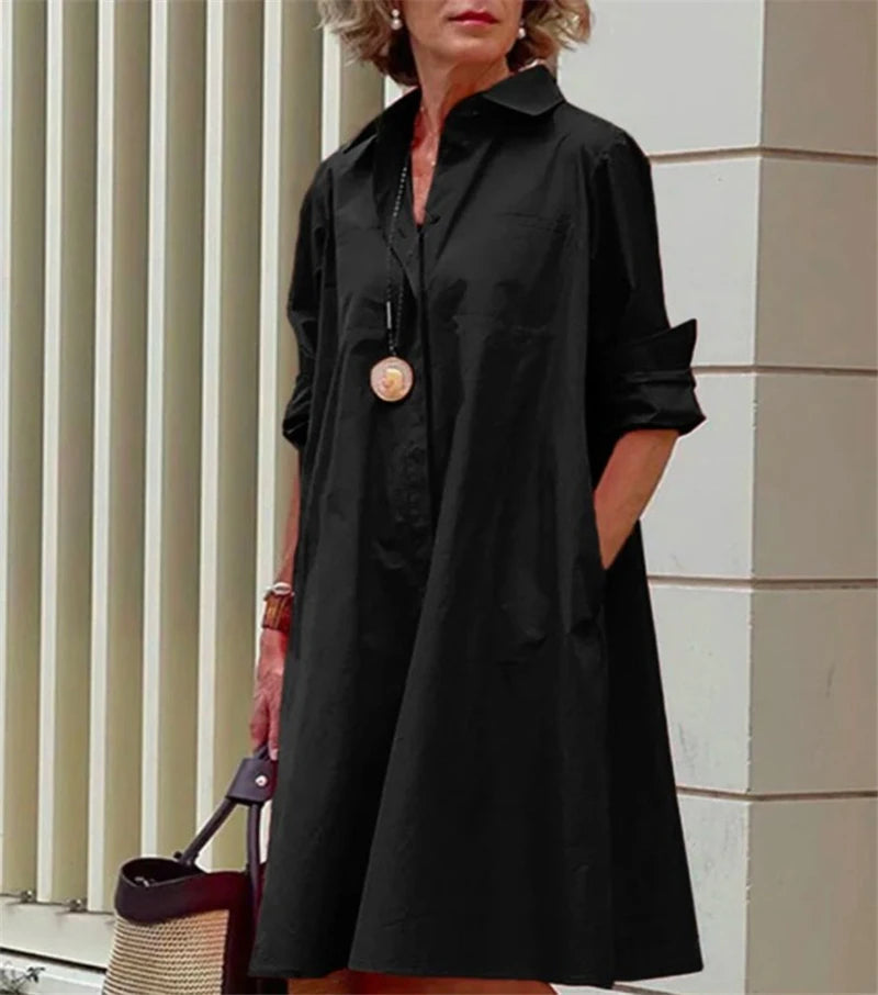 Hemdkleid Damen | Elegantes A-Linien Kleid mit Knopfleiste & Taschen