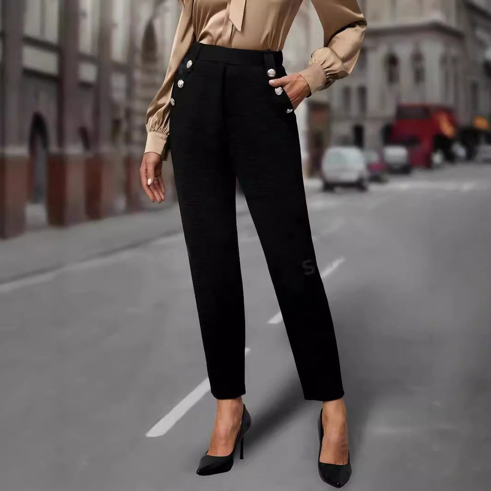 High Waist Hose Damen | Slim & Dekorative Knöpfe