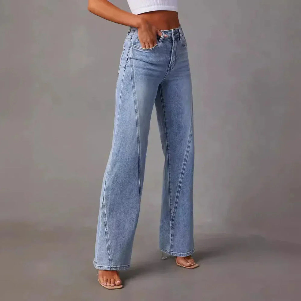 Damen High Waist Weitbein Jeans mit V Naht