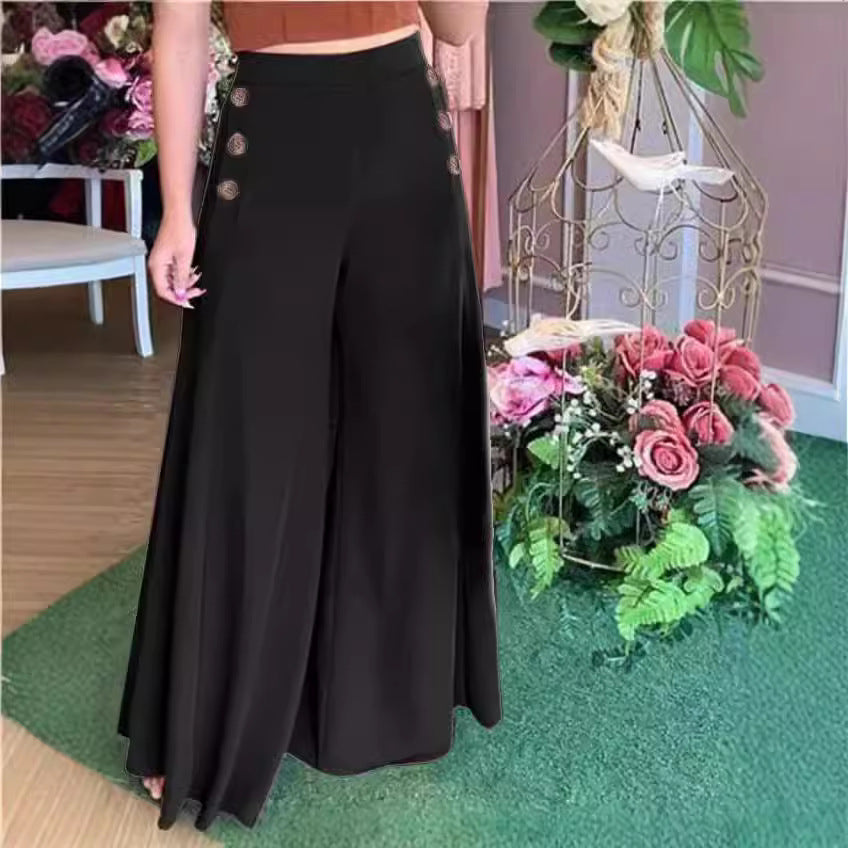 Hose Damen | Weite Palazzo-Hose mit Knopfdetails