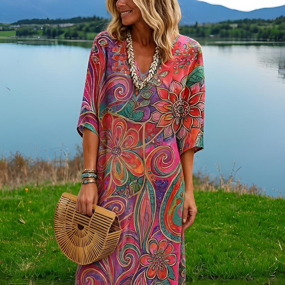 Amara - Intensivfarbenes Kleid mit Blumenmotiv