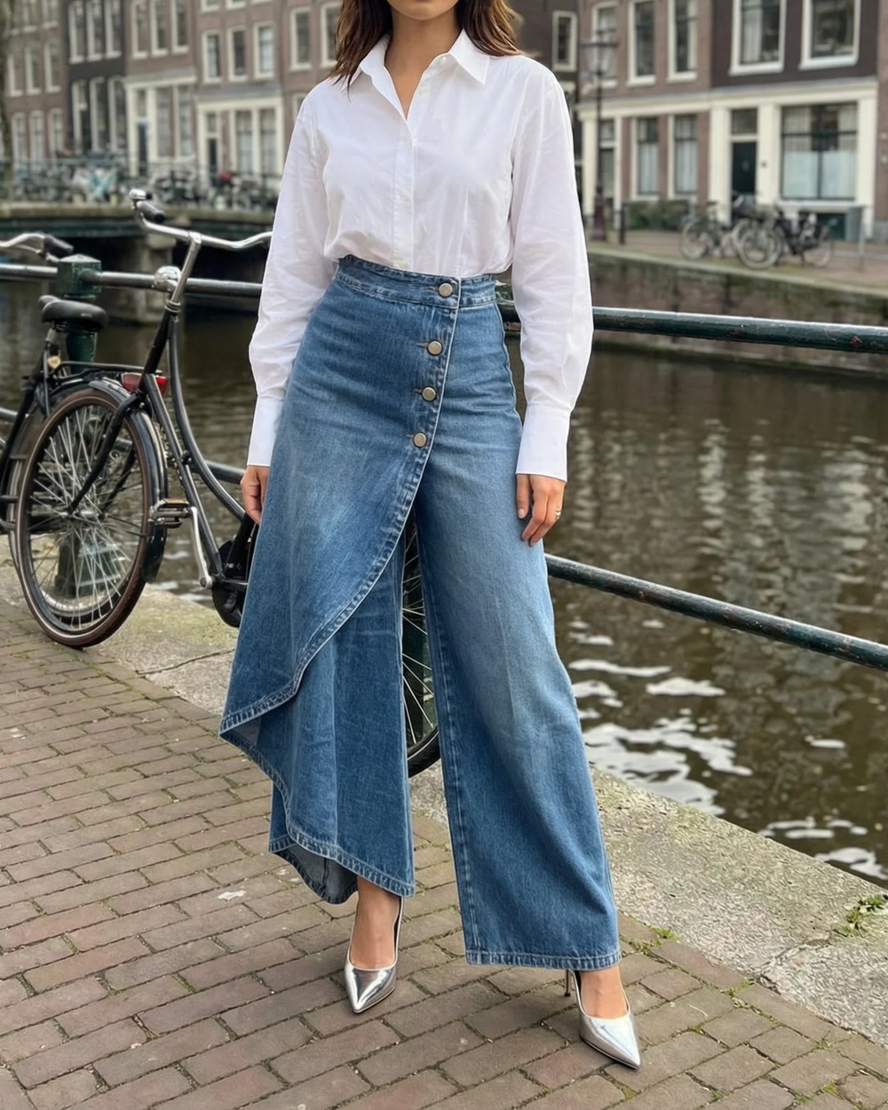 Elpida – Jeans Mit Wickeloverlay, Knopfleiste Vorne Und Weitem Bein