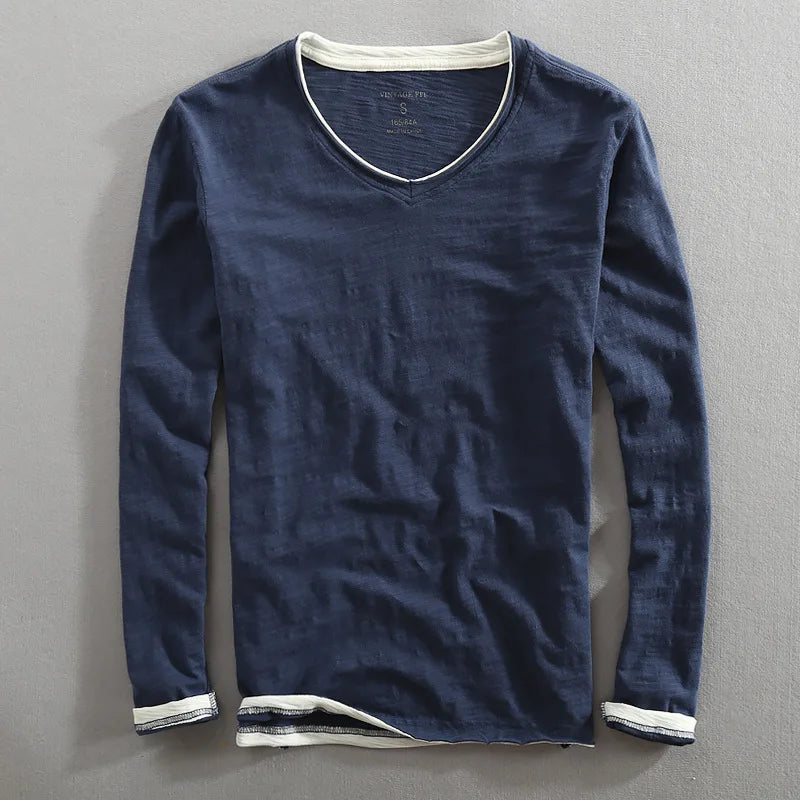 Langarmshirt Herren | V-Ausschnitt & Klassischer Kontrast-Look