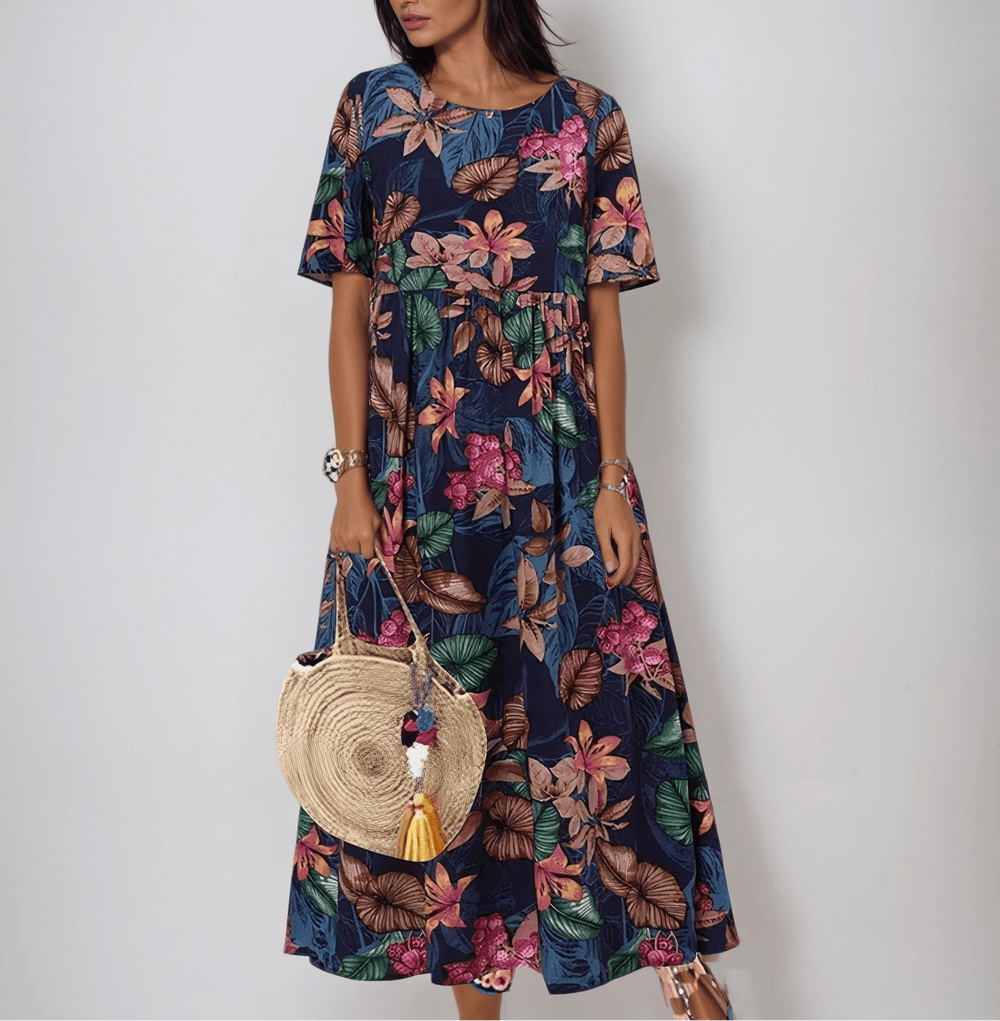 Sommerkleid Damen | Tropisches Blumenmuster & Fließender Stufenrock