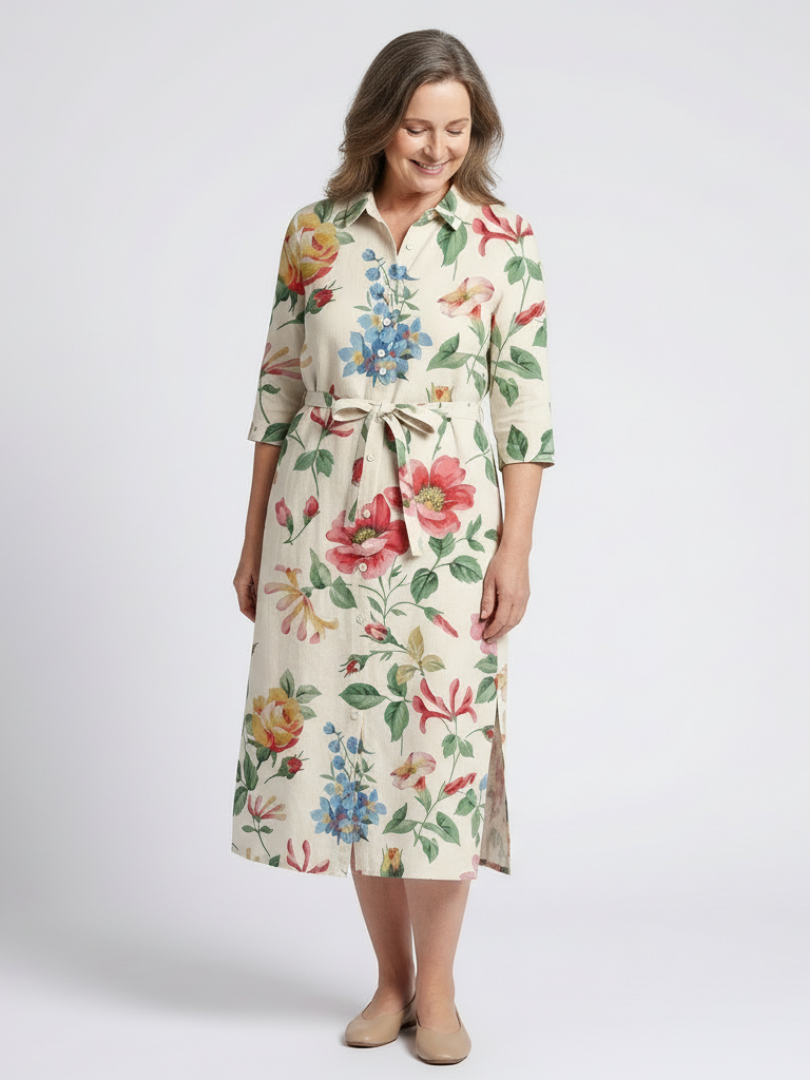 Maribel | Knopf-Front Halbarm Blumen-Midi-Kleid