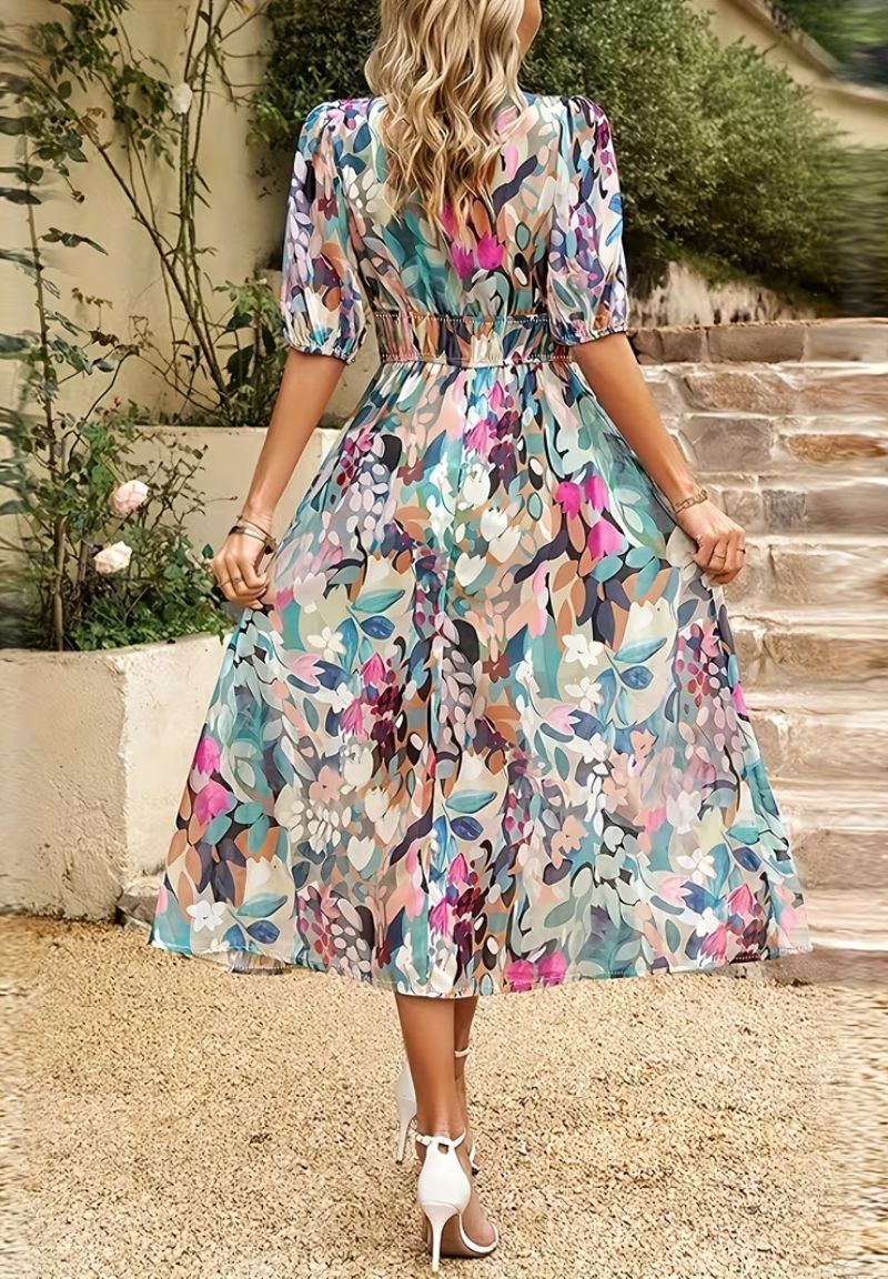 Damen Maxikleid mit Blumenmuster V-Ausschnitt Puffärmel