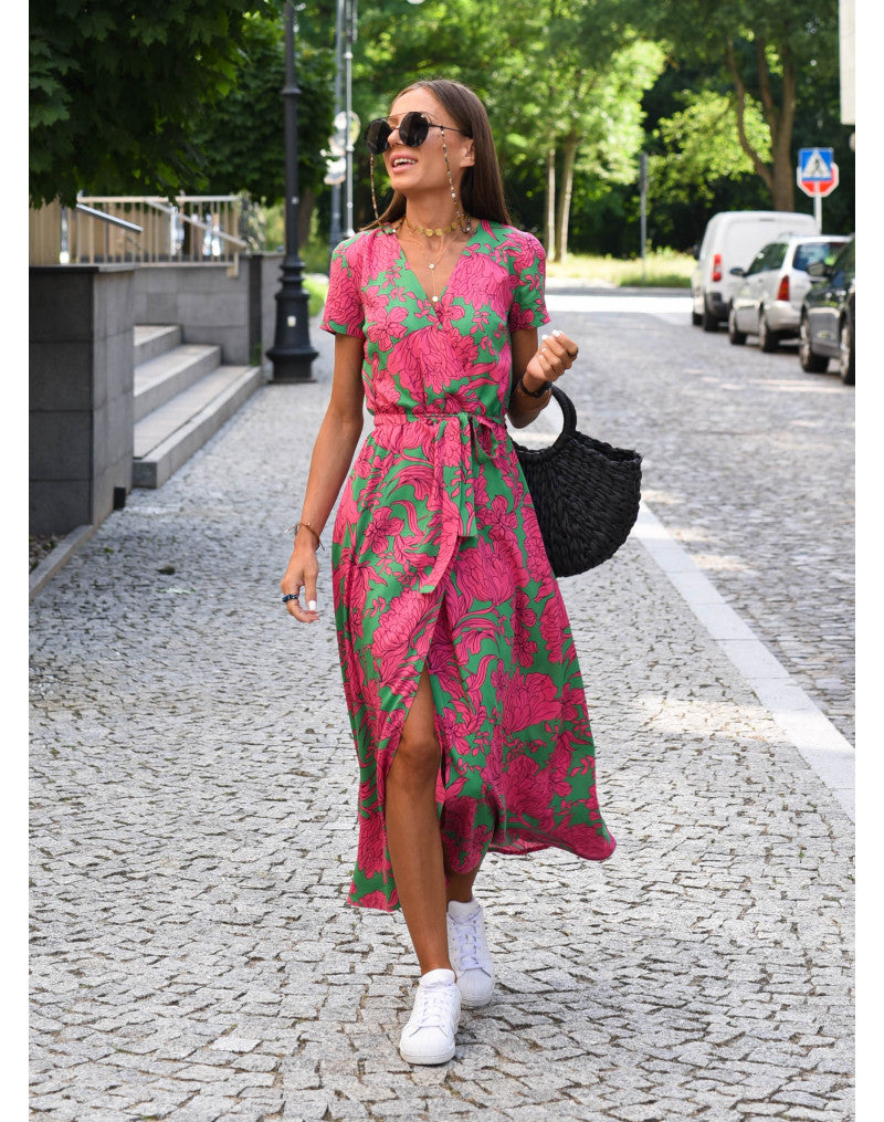 Maxikleid Damen | Blumendruck & Wickeloptik mit Bindegürtel
