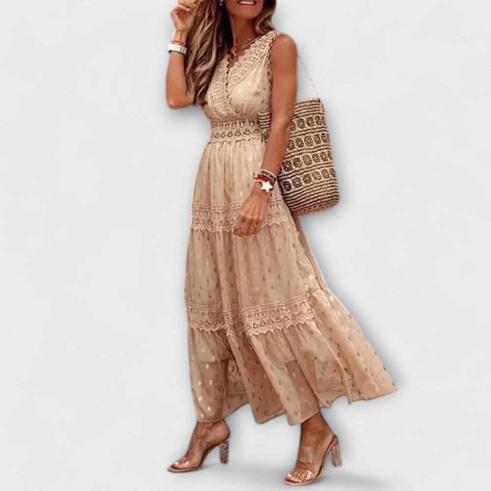 Maxikleid Damen | Boho Spitzenbesatz & Ärmellos mit V-Ausschnitt