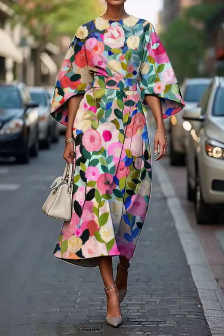 Midikleid Damen | Kunstvoller Blumenprint & Elegante Kimono-Silhouette